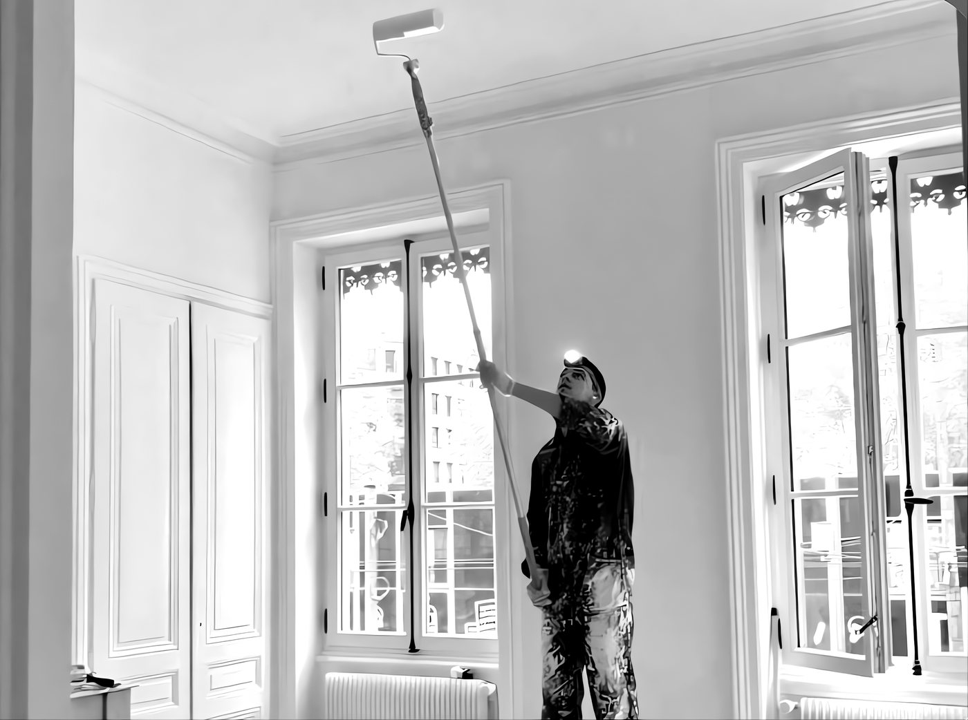 Peintre professionnel peignant un plafond au rouleau sur perche dans un appartement haussmannien lumineux à Lyon